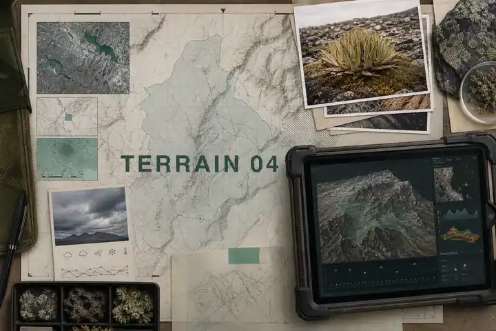 Contoh konseptual Field Atlas untuk TERRAIN 04, sebuah konsep sains fiktif yang diterapkan secara terpadu pada editorial, situs web, peta.