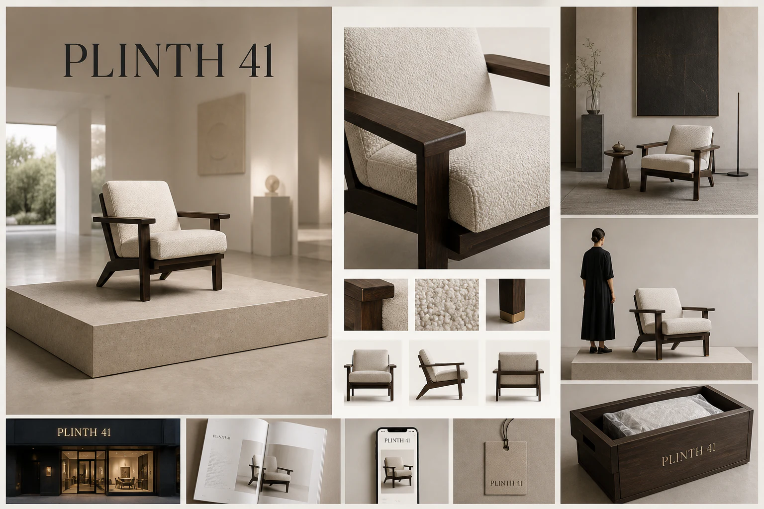 Contoh konseptual Gallery Commerce untuk PLINTH 41, sebuah konsep barang mewah fiktif yang diterapkan secara terpadu pada situs web, ritel, editorial.