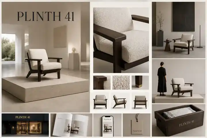 Contoh konseptual Gallery Commerce untuk PLINTH 41, sebuah konsep barang mewah fiktif yang diterapkan secara terpadu pada situs web, ritel, editorial.