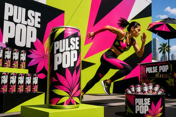 Contoh konseptual Hard-Edge Pop System untuk PULSE POP, sebuah konsep makanan fiktif yang diterapkan secara terpadu pada kemasan, kampanye, ritel.
