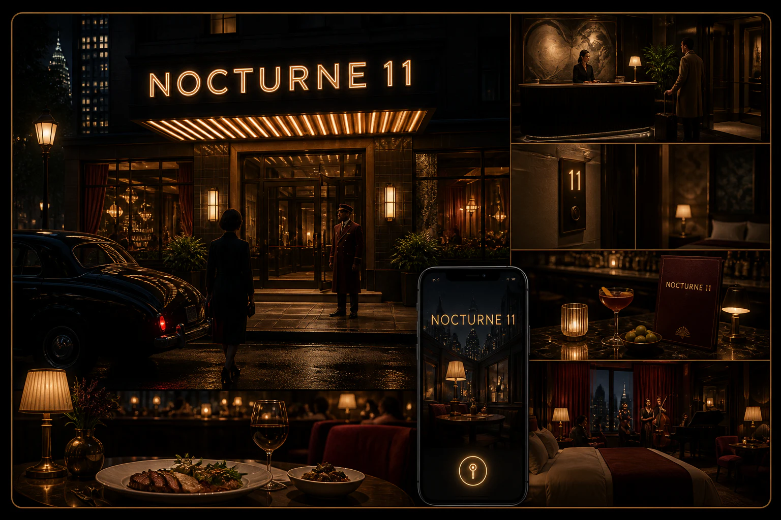 Contoh konseptual Hospitality After Dark untuk NOCTURNE 11, sebuah konsep hospitalitas fiktif yang diterapkan secara terpadu pada ruang dan lingkungan, identitas merek, situs web.