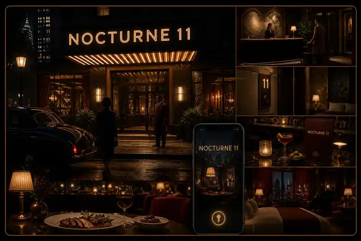 Contoh konseptual Hospitality After Dark untuk NOCTURNE 11, sebuah konsep hospitalitas fiktif yang diterapkan secara terpadu pada ruang dan lingkungan, identitas merek, situs web.