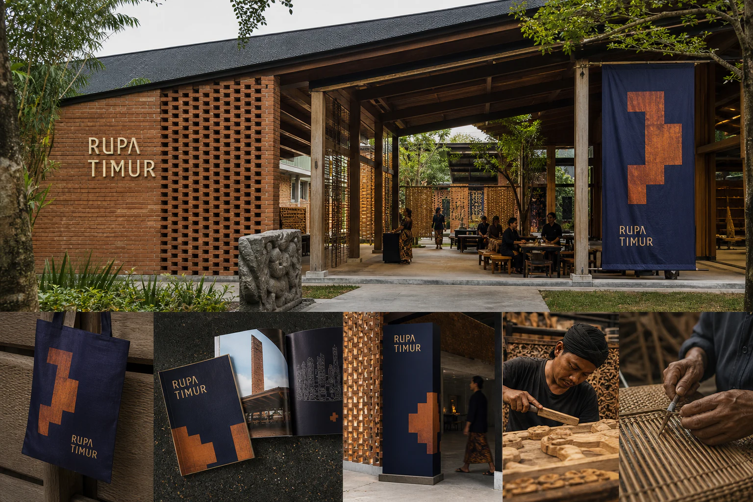 Contoh konseptual Indonesian Material Modernism untuk RUPA TIMUR, sebuah konsep hospitalitas fiktif yang diterapkan secara terpadu pada identitas merek, ruang dan lingkungan, editorial.