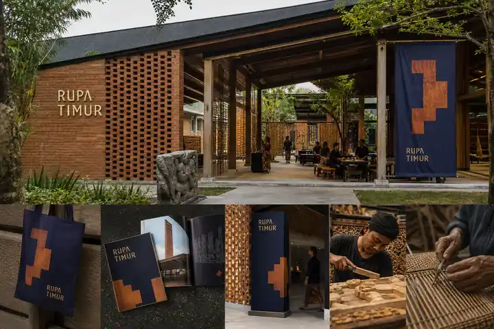 Contoh konseptual Indonesian Material Modernism untuk RUPA TIMUR, sebuah konsep hospitalitas fiktif yang diterapkan secara terpadu pada identitas merek, ruang dan lingkungan, editorial.