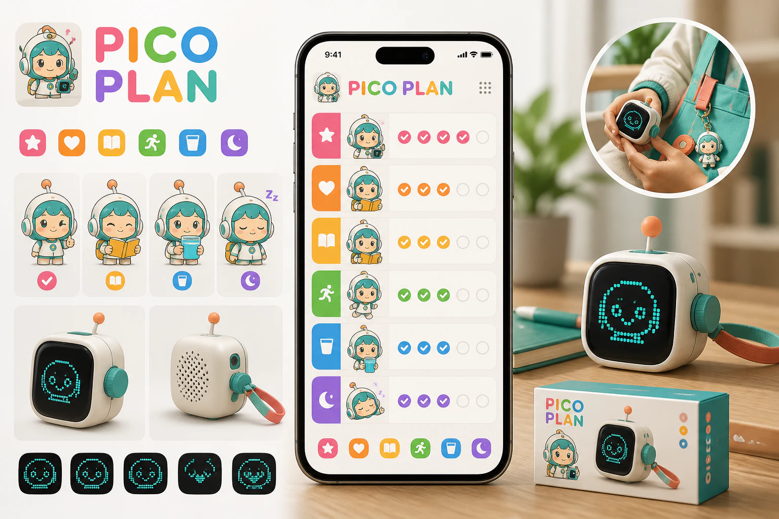 Contoh konseptual Kawaii Precision untuk PICO PLAN, sebuah konsep teknologi konsumen fiktif yang diterapkan secara terpadu pada antarmuka, identitas merek, produk.
