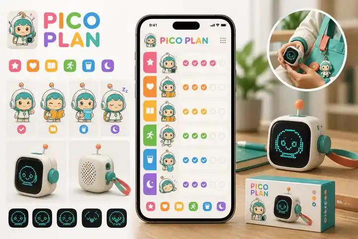 Contoh konseptual Kawaii Precision untuk PICO PLAN, sebuah konsep teknologi konsumen fiktif yang diterapkan secara terpadu pada antarmuka, identitas merek, produk.