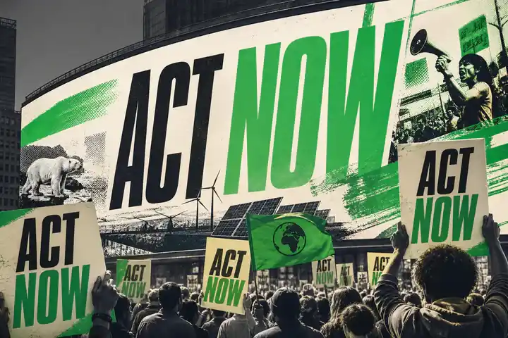 Contoh konseptual Kinetic Manifesto untuk ACT NOW, sebuah konsep advokasi fiktif yang diterapkan secara terpadu pada kampanye, gerak, poster.
