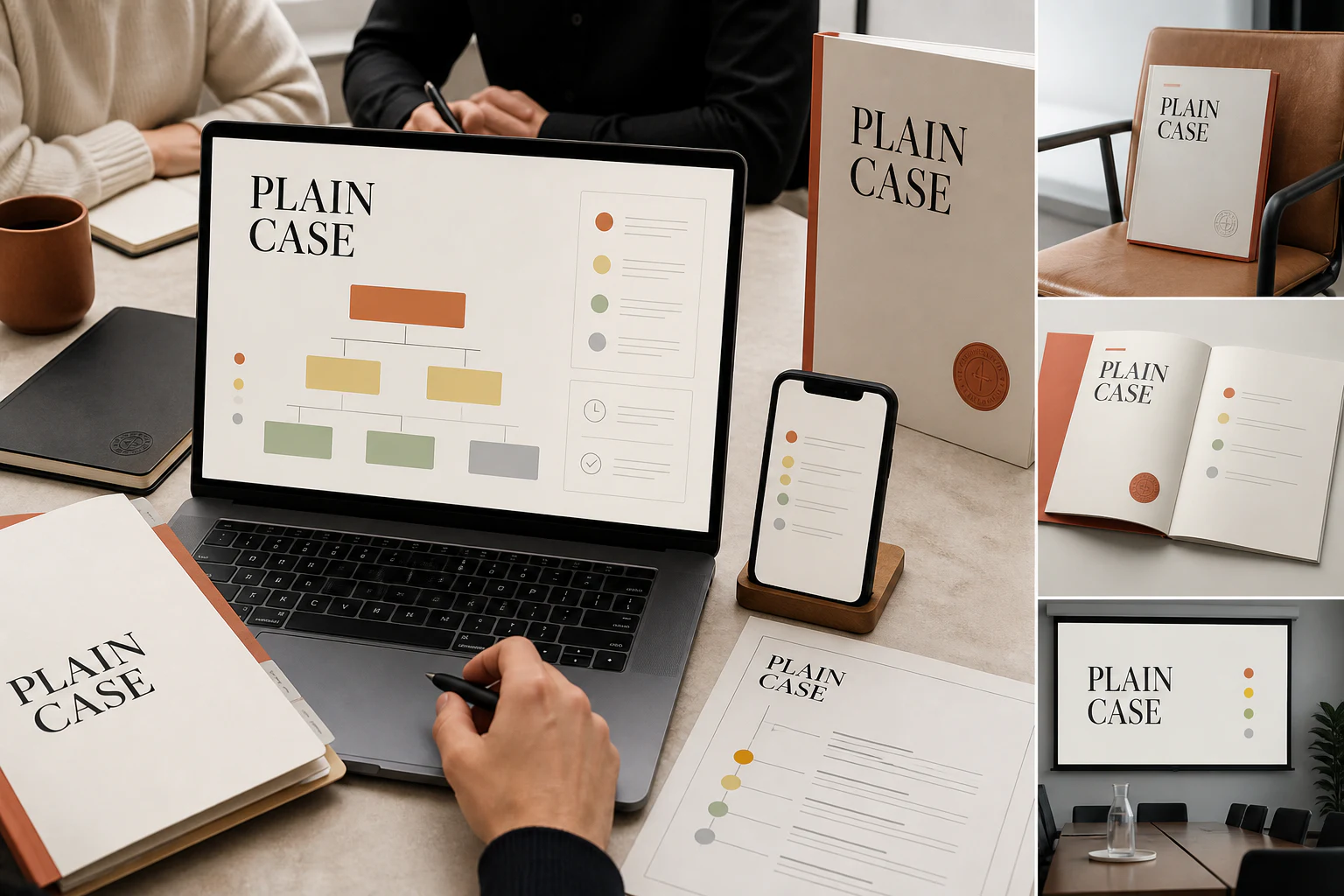 Contoh konseptual Legal Modern untuk PLAIN CASE, sebuah konsep hukum fiktif yang diterapkan secara terpadu pada situs web, editorial, presentasi.
