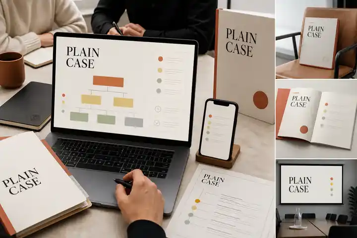 Contoh konseptual Legal Modern untuk PLAIN CASE, sebuah konsep hukum fiktif yang diterapkan secara terpadu pada situs web, editorial, presentasi.