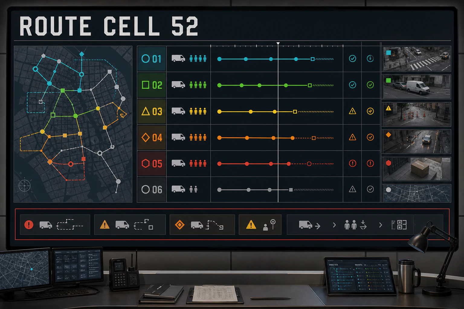 Contoh konseptual Live Operations Matrix untuk ROUTE CELL 52, sebuah konsep operasi fiktif yang diterapkan secara terpadu pada antarmuka, ruang dan lingkungan.
