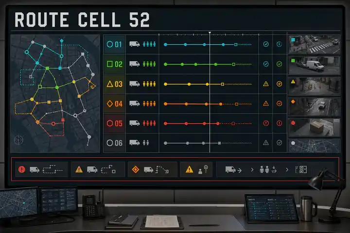 Contoh konseptual Live Operations Matrix untuk ROUTE CELL 52, sebuah konsep operasi fiktif yang diterapkan secara terpadu pada antarmuka, ruang dan lingkungan.