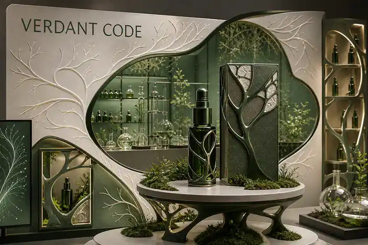 Contoh konseptual Living Ornament untuk VERDANT CODE, sebuah konsep kecantikan fiktif yang diterapkan secara terpadu pada kemasan, identitas merek, ruang dan lingkungan.