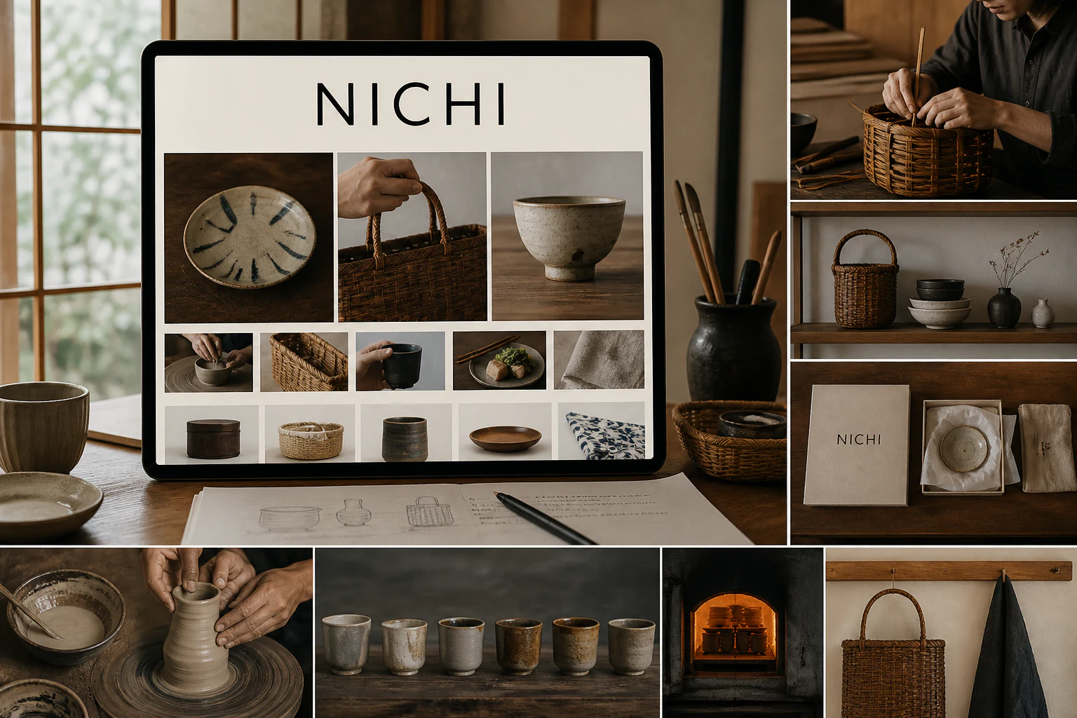 Contoh konseptual Mingei Digital untuk NICHI, sebuah konsep kerajinan fiktif yang diterapkan secara terpadu pada situs web, editorial, ritel.