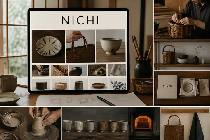Contoh konseptual Mingei Digital untuk NICHI, sebuah konsep kerajinan fiktif yang diterapkan secara terpadu pada situs web, editorial, ritel.