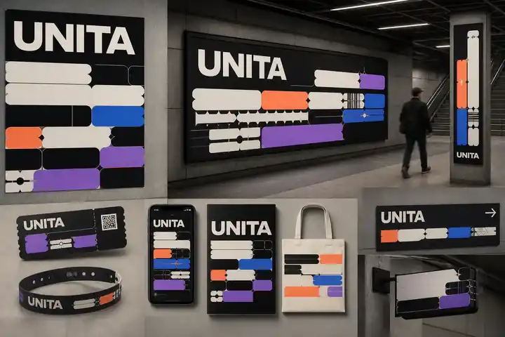 Contoh konseptual Modular Signal untuk UNITA, sebuah konsep perangkat lunak layanan fiktif yang diterapkan secara terpadu pada identitas merek, kampanye, situs web.