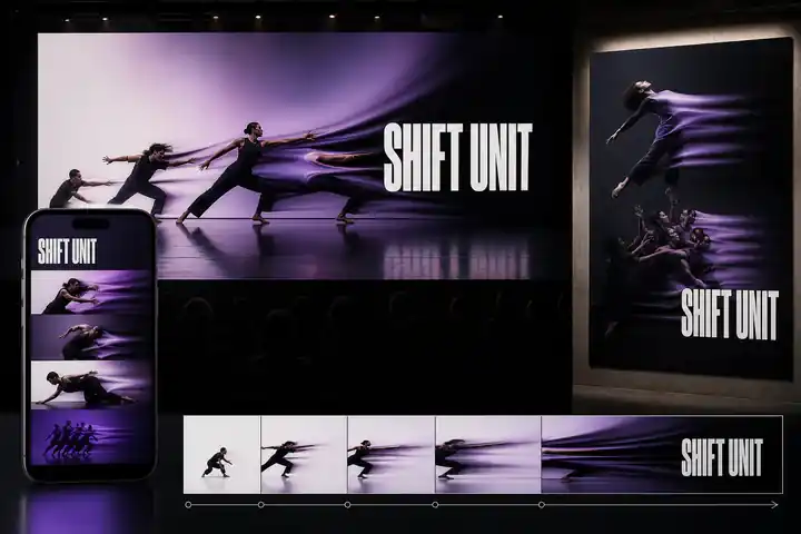 Contoh konseptual Motion-Led Identity untuk SHIFT UNIT, sebuah konsep media fiktif yang diterapkan secara terpadu pada gerak, identitas merek, situs web.