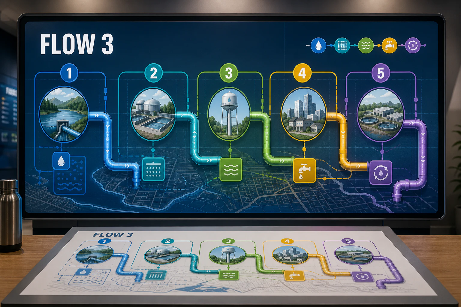 Contoh konseptual Moving Diagram untuk FLOW 3, sebuah konsep teknologi fiktif yang diterapkan secara terpadu pada gerak, visualisasi data, presentasi.