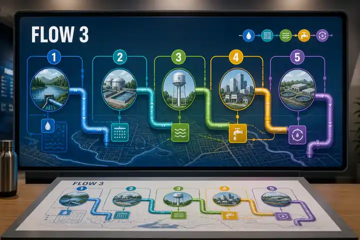 Contoh konseptual Moving Diagram untuk FLOW 3, sebuah konsep teknologi fiktif yang diterapkan secara terpadu pada gerak, visualisasi data, presentasi.