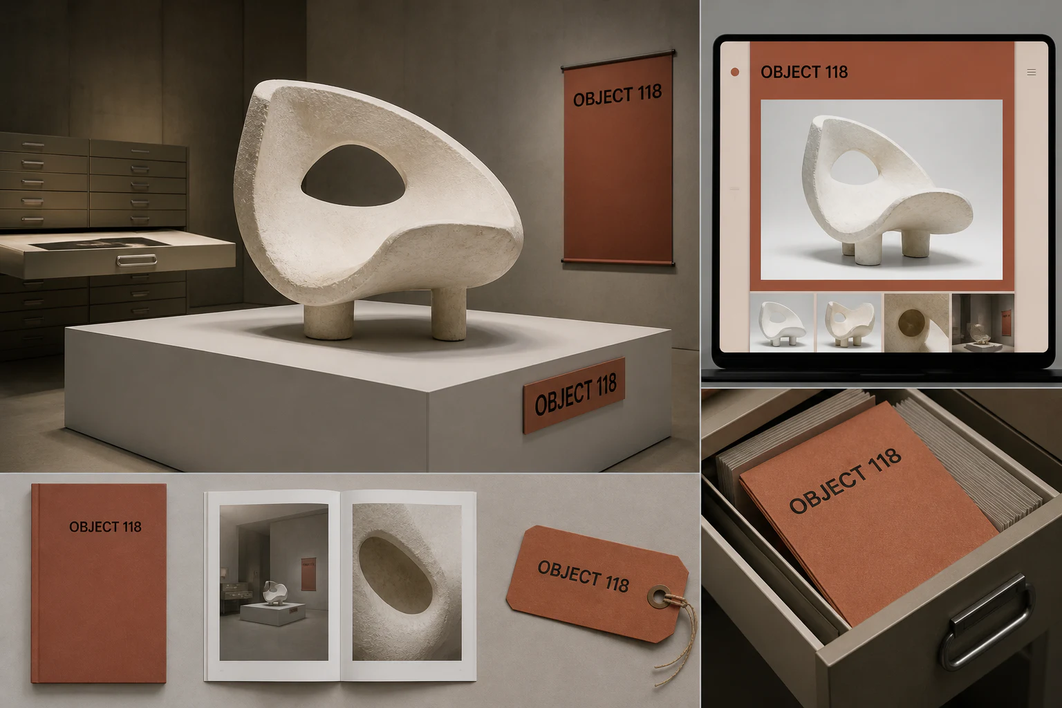 Contoh konseptual Museum Index untuk OBJECT 118, sebuah konsep museum fiktif yang diterapkan secara terpadu pada editorial, ruang dan lingkungan, situs web.
