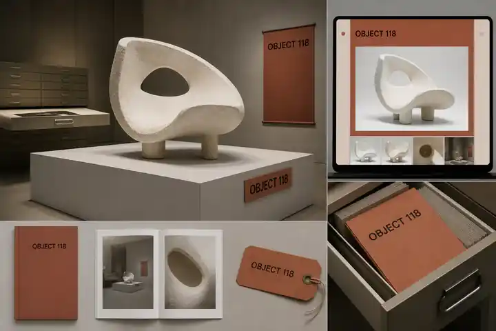 Contoh konseptual Museum Index untuk OBJECT 118, sebuah konsep museum fiktif yang diterapkan secara terpadu pada editorial, ruang dan lingkungan, situs web.