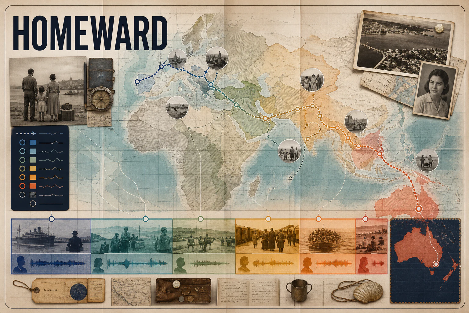 Contoh konseptual Narrative Cartography untuk HOMEWARD, sebuah konsep pariwisata fiktif yang diterapkan secara terpadu pada peta, editorial, pameran.