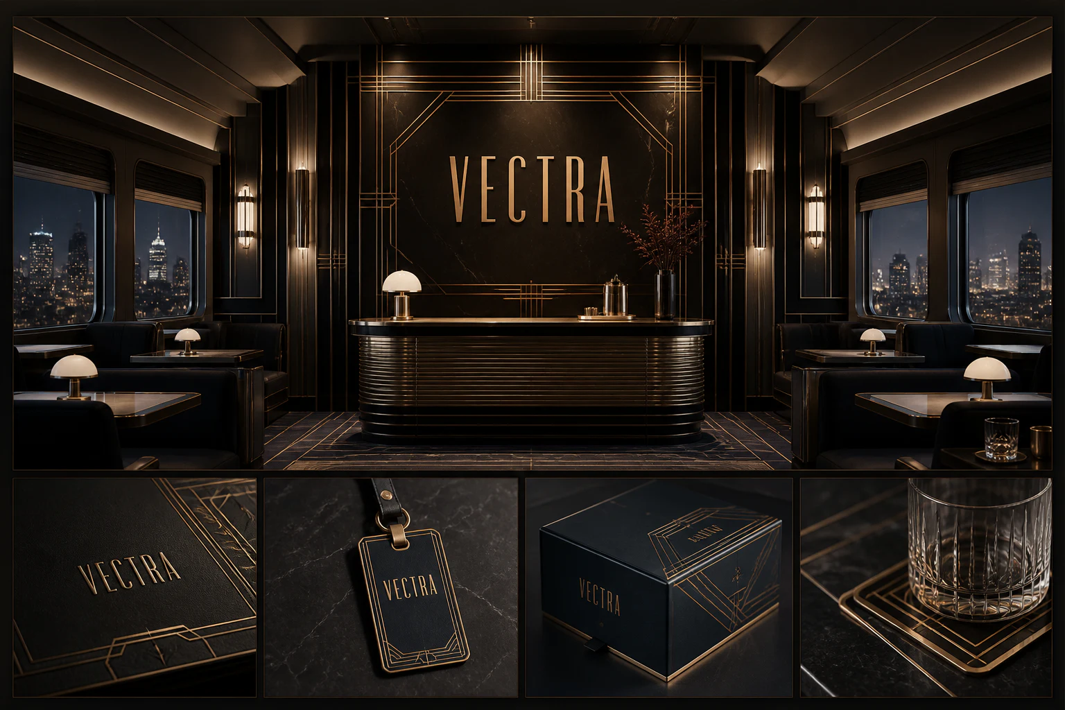 Contoh konseptual Neo-Deco Machine untuk VECTRA, sebuah konsep hospitalitas fiktif yang diterapkan secara terpadu pada identitas merek, ruang dan lingkungan, kemasan.