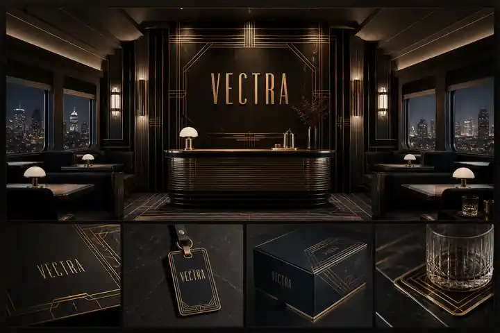 Contoh konseptual Neo-Deco Machine untuk VECTRA, sebuah konsep hospitalitas fiktif yang diterapkan secara terpadu pada identitas merek, ruang dan lingkungan, kemasan.