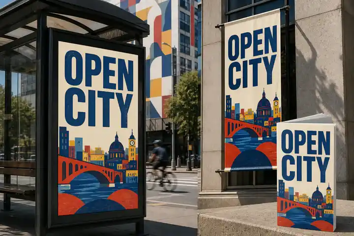 Contoh konseptual Neo-Public Poster untuk OPEN CITY, sebuah konsep pemerintahan fiktif yang diterapkan secara terpadu pada poster, kampanye, ruang dan lingkungan.