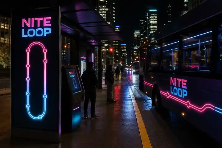 Contoh konseptual Night Transit untuk NITE LOOP, sebuah konsep mobilitas fiktif yang diterapkan secara terpadu pada ruang dan lingkungan, antarmuka, identitas merek.