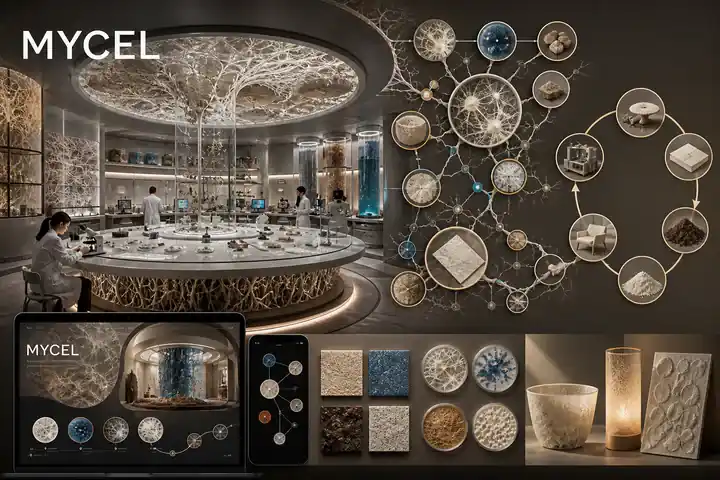 Contoh konseptual Organic Systems untuk MYCEL, sebuah konsep bioteknologi fiktif yang diterapkan secara terpadu pada identitas merek, visualisasi data, situs web.
