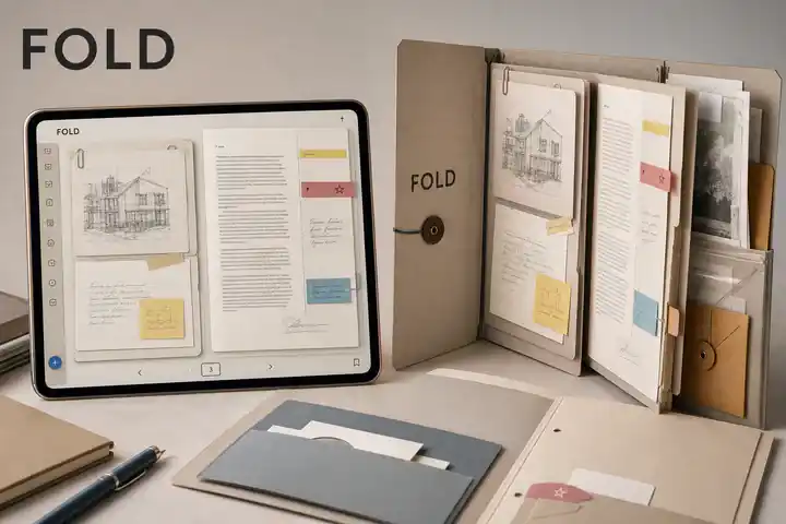 Contoh konseptual Paper Interface untuk FOLD, sebuah konsep pendidikan fiktif yang diterapkan secara terpadu pada antarmuka, editorial, identitas merek.