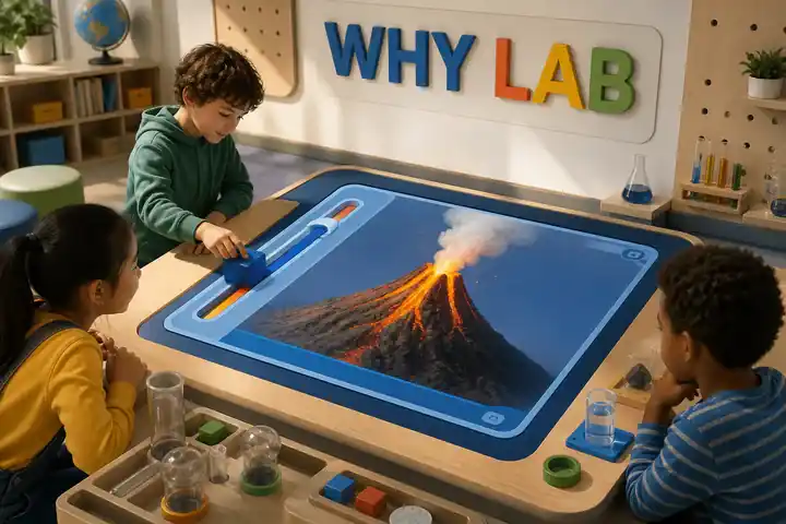 Contoh konseptual Playful Learning Lab untuk WHY LAB, sebuah konsep pendidikan fiktif yang diterapkan secara terpadu pada antarmuka, ruang dan lingkungan, permainan.