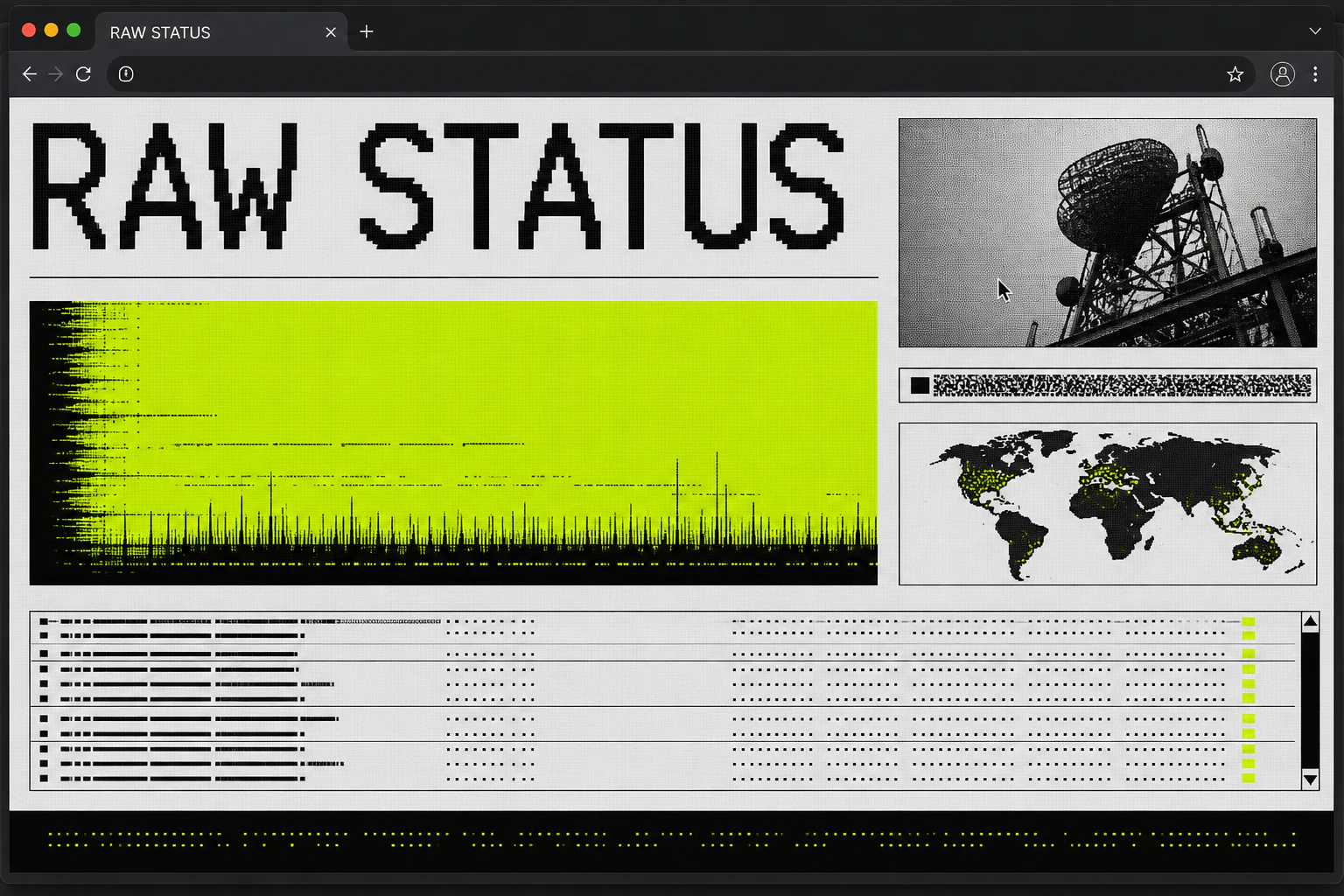 Contoh konseptual Post-Internet Utility untuk RAW STATUS, sebuah konsep perangkat kreatif fiktif yang diterapkan secara terpadu pada situs web, antarmuka, identitas merek.