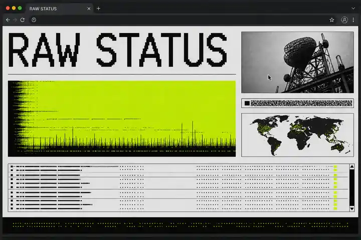 Contoh konseptual Post-Internet Utility untuk RAW STATUS, sebuah konsep perangkat kreatif fiktif yang diterapkan secara terpadu pada situs web, antarmuka, identitas merek.