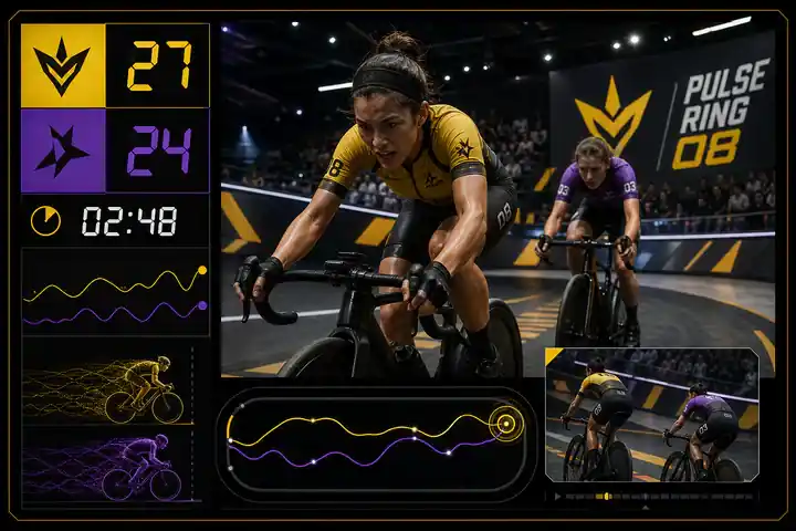Contoh konseptual Precision Sport Broadcast untuk PULSE RING 08, sebuah konsep olahraga fiktif yang diterapkan secara terpadu pada siaran, visualisasi data, ruang dan lingkungan.