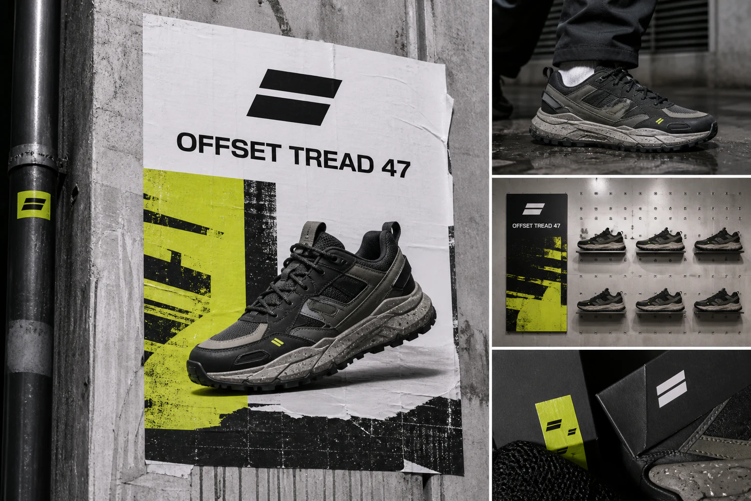 Contoh konseptual Precision Street untuk OFFSET TREAD 47, sebuah konsep mode fiktif yang diterapkan secara terpadu pada identitas merek, kampanye, ritel.