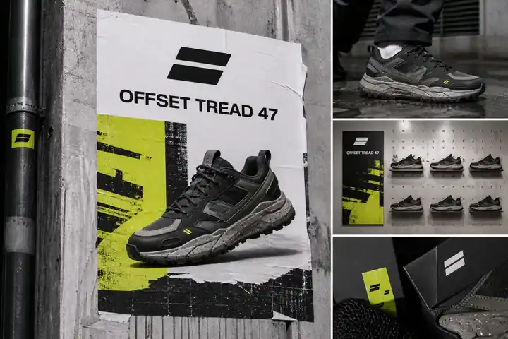 Contoh konseptual Precision Street untuk OFFSET TREAD 47, sebuah konsep mode fiktif yang diterapkan secara terpadu pada identitas merek, kampanye, ritel.