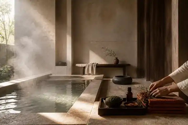 Embun Bath House fiktif saat fajar dengan kolam batu pucat, uap, kayu gelap, handuk warna karat, dan tangan anonim yang menyiapkan bahan botani.