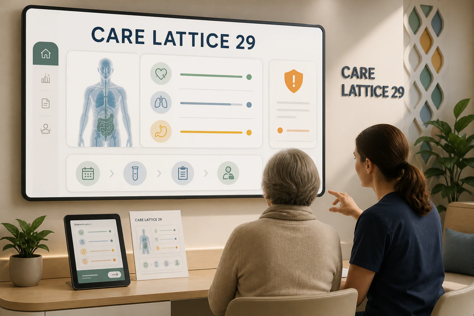 Contoh konseptual Reassuring Clinical untuk CARE LATTICE 29, sebuah konsep layanan kesehatan fiktif yang diterapkan secara terpadu pada antarmuka, ruang dan lingkungan, editorial.