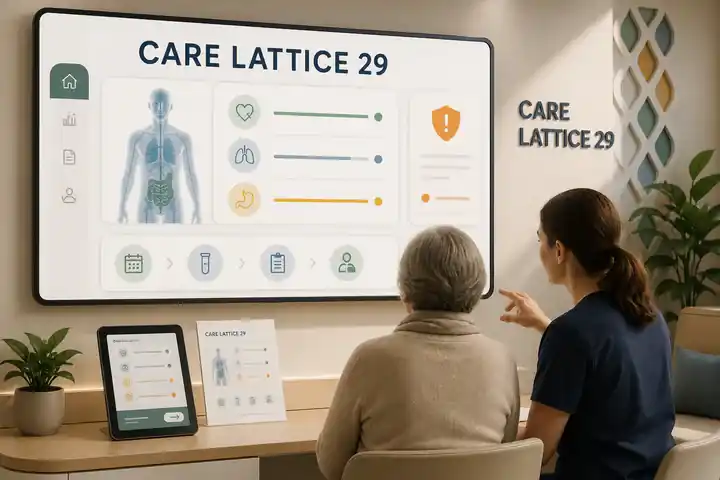 Contoh konseptual Reassuring Clinical untuk CARE LATTICE 29, sebuah konsep layanan kesehatan fiktif yang diterapkan secara terpadu pada antarmuka, ruang dan lingkungan, editorial.