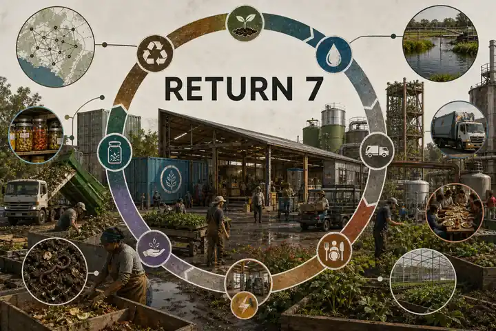 Contoh konseptual Regenerative Future untuk RETURN 7, sebuah konsep teknologi iklim fiktif yang diterapkan secara terpadu pada identitas merek, visualisasi data, ruang dan lingkungan.