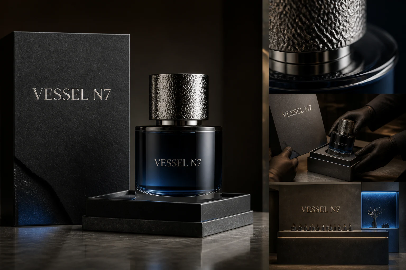 Contoh konseptual Restrained Tactile Prestige untuk VESSEL N7, sebuah konsep barang mewah fiktif yang diterapkan secara terpadu pada kemasan, ritel, situs web.
