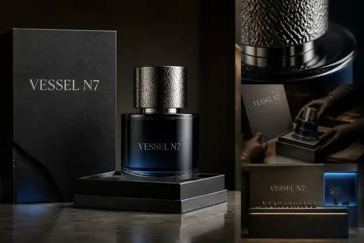 Contoh konseptual Restrained Tactile Prestige untuk VESSEL N7, sebuah konsep barang mewah fiktif yang diterapkan secara terpadu pada kemasan, ritel, situs web.