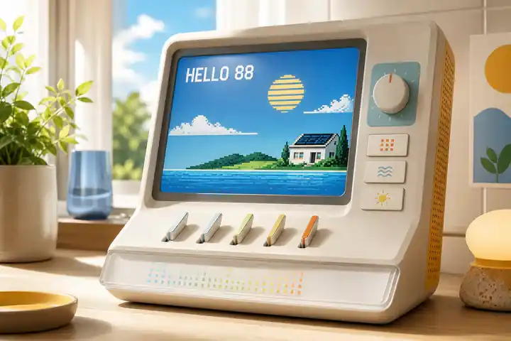 Contoh konseptual Retro-Optimist Interface untuk HELLO 88, sebuah konsep teknologi iklim fiktif yang diterapkan secara terpadu pada antarmuka, produk, identitas merek.