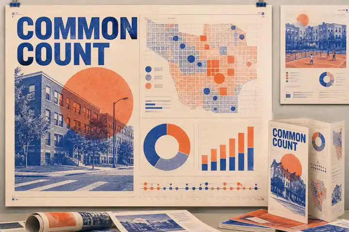 Contoh konseptual Risograph Data untuk COMMON COUNT, sebuah konsep pendidikan fiktif yang diterapkan secara terpadu pada editorial, visualisasi data, poster.