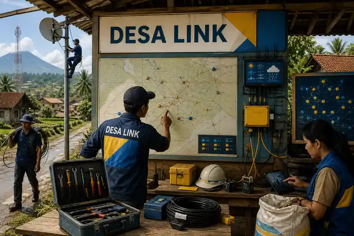 Contoh konseptual Rural Tech Commons untuk DESA LINK, sebuah konsep pertanian fiktif yang diterapkan secara terpadu pada ruang dan lingkungan, antarmuka, editorial.