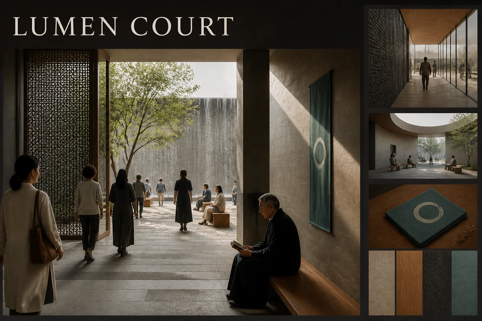 Contoh konseptual Sacred Contemporary untuk LUMEN COURT, sebuah konsep keagamaan fiktif yang diterapkan secara terpadu pada ruang, ruang dan lingkungan, editorial.