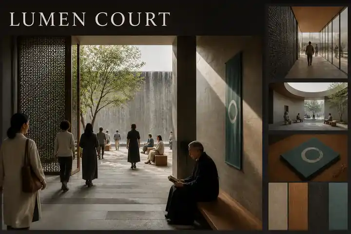 Contoh konseptual Sacred Contemporary untuk LUMEN COURT, sebuah konsep keagamaan fiktif yang diterapkan secara terpadu pada ruang, ruang dan lingkungan, editorial.