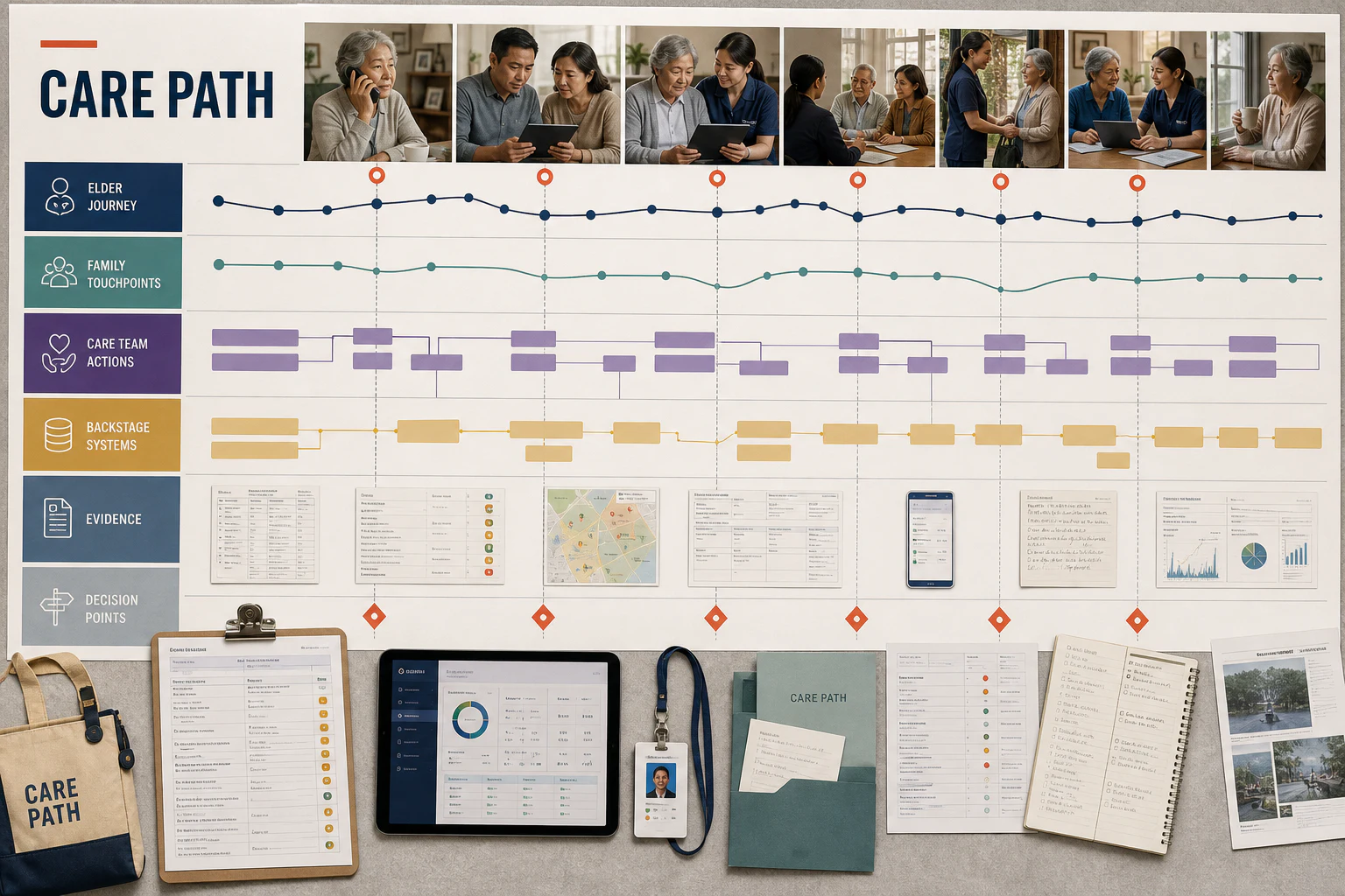 Contoh konseptual Service Blueprint Editorial untuk CARE PATH, sebuah konsep konsultasi fiktif yang diterapkan secara terpadu pada editorial, visualisasi data, presentasi.