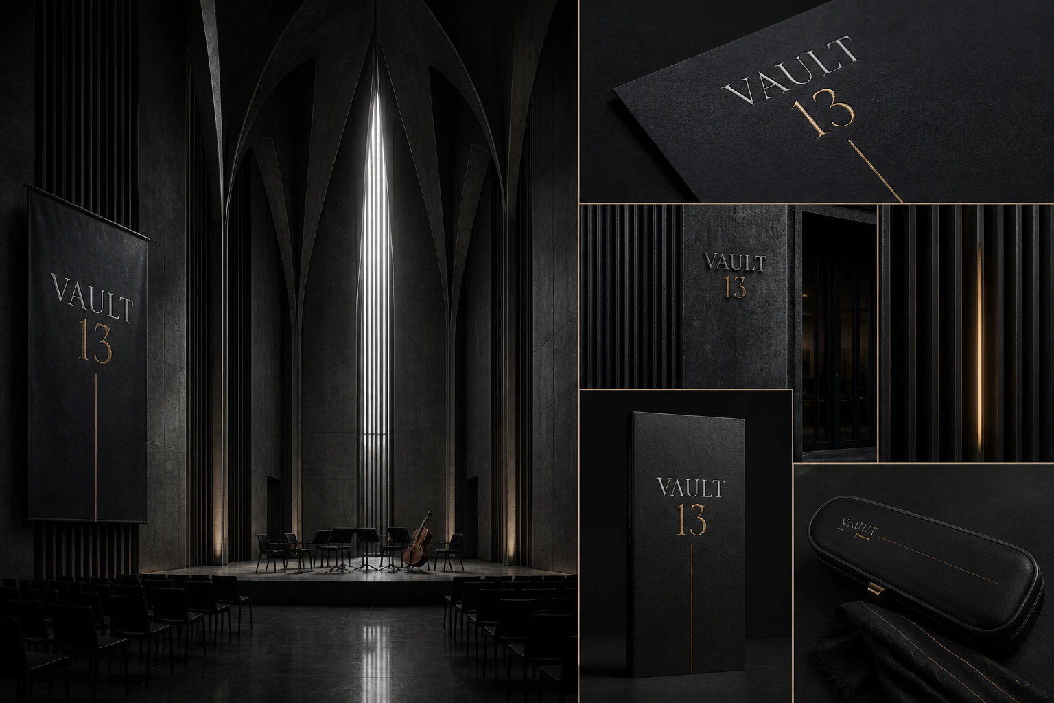 Contoh konseptual Shadowed Gothic Modernism untuk VAULT 13, sebuah konsep mode fiktif yang diterapkan secara terpadu pada identitas merek, ruang dan lingkungan, editorial.